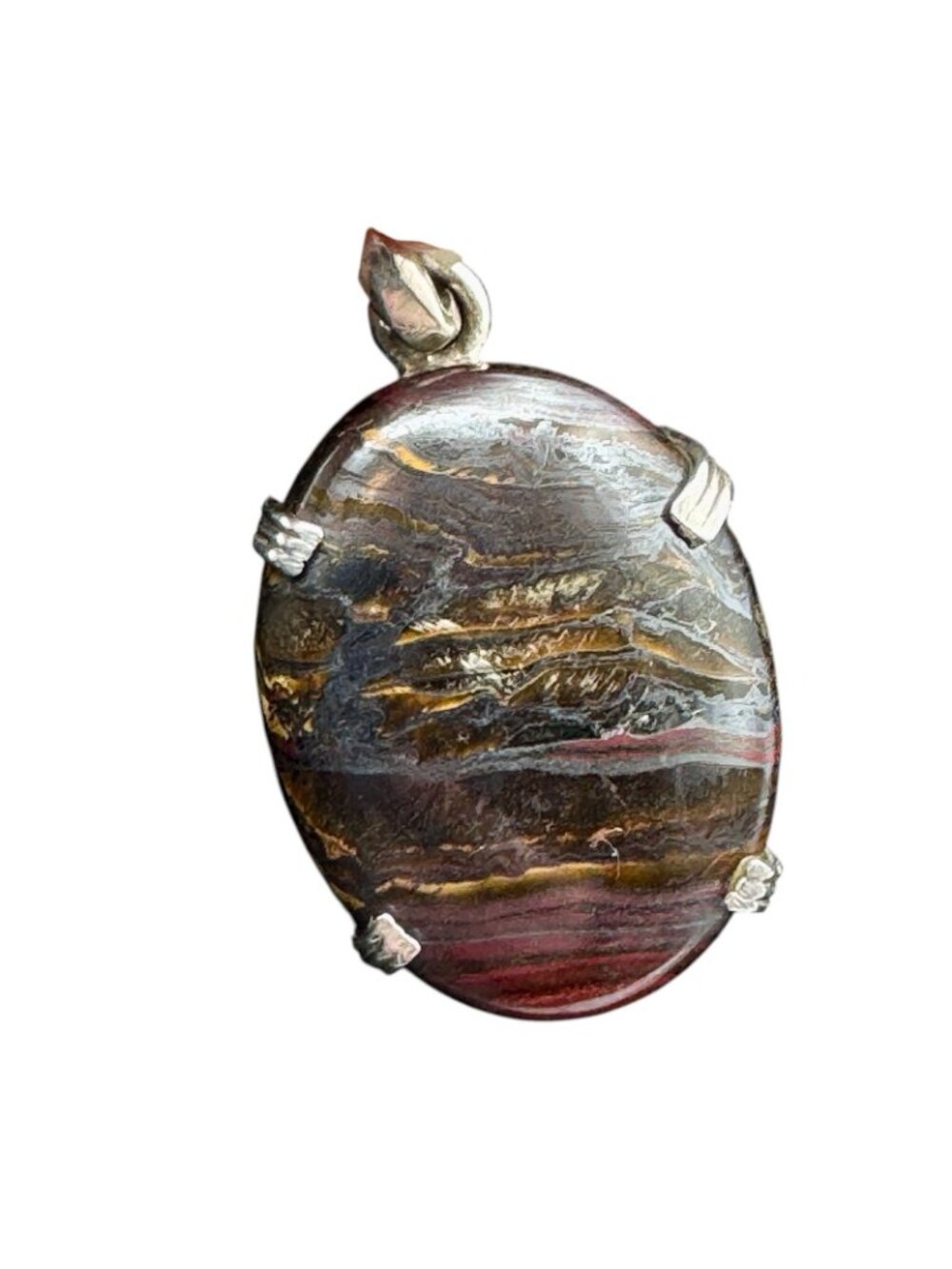 Tiger Iron Sterling Silver Pendant Polished Oval Gemstone Natural Layered Bands - Picture 5 of 16